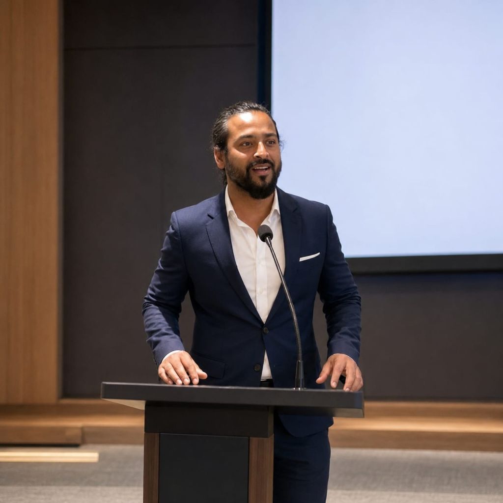 Rashed Hossain speaking at a podium
